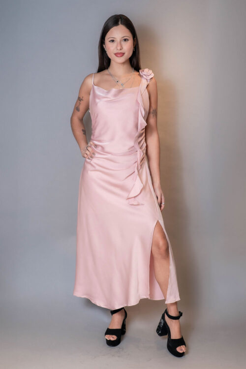 Vestido Raso con Volante y Flor